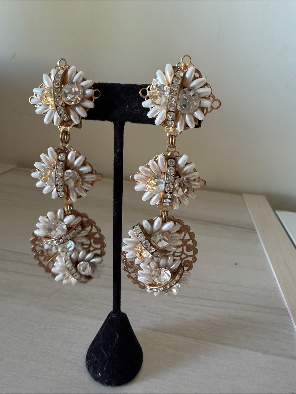 Gold-Tone Pearl & Crystal Rhinestone Drop Dramatic Earrings Vintage